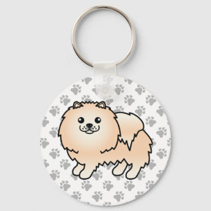 Cream Pomeranian Söt Tecknad Hund & Tassar Nyckelring