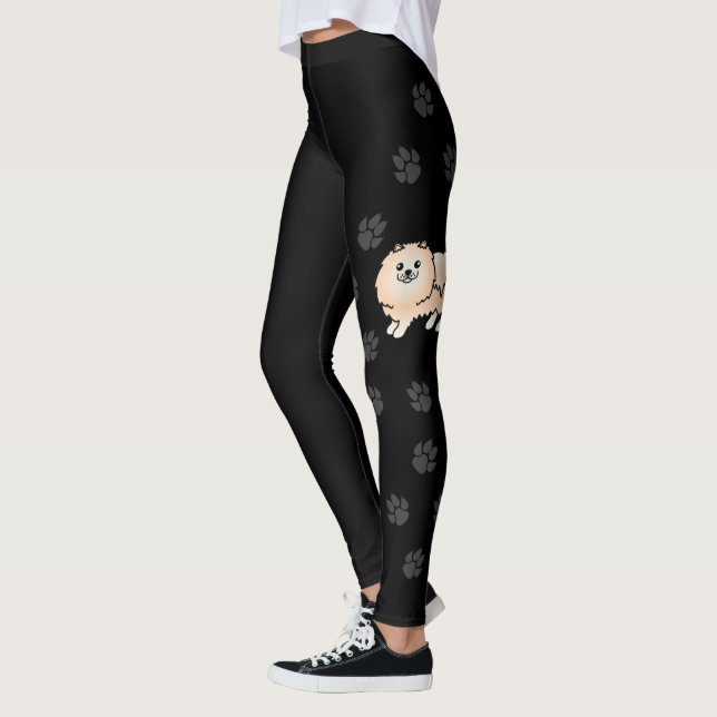 Cream Pommern Cute Tecknad hund & Tassar Leggings (Vänster)