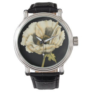 Cream Poppy Flower på svart bakgrund Armbandsur