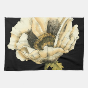 Cream Poppy Flower på svart bakgrund Kökshandduk