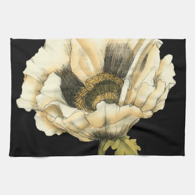 Cream Poppy Flower på svart bakgrund Kökshandduk (Horisontell)