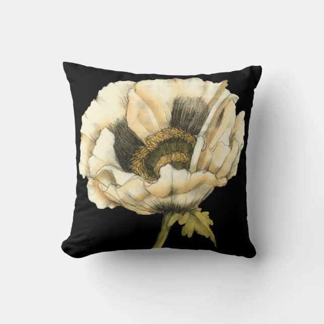 Cream Poppy Flower på svart bakgrund Kudde (Framsida)