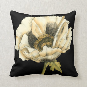 Cream Poppy Flower på svart bakgrund Kudde
