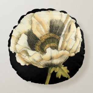 Cream Poppy Flower på svart bakgrund Rund Kudde