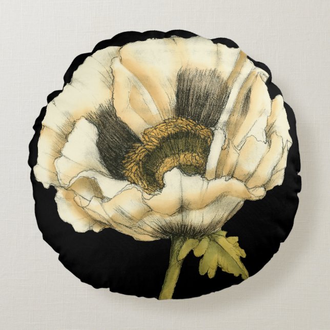 Cream Poppy Flower på svart bakgrund Rund Kudde (Framsidan)