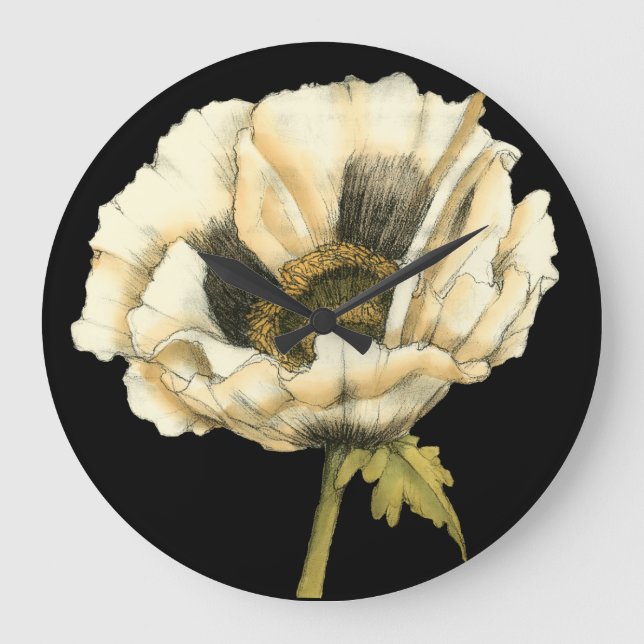 Cream Poppy Flower på svart bakgrund Stor Klocka (Framsida)