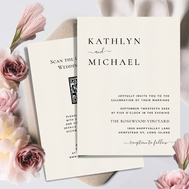 Cream QR-kod allt i ett modernt, minimalistiskt Br Inbjudningar (Skapare uppladdad)
