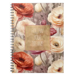 Cream Red Burgundy Blommigt Anteckningsbok