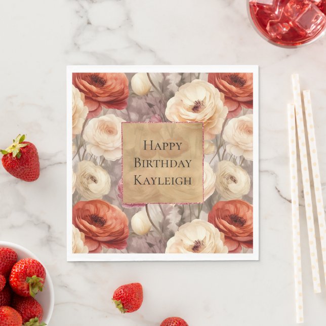 Cream Red Burgundy Blommigt Birthday Pappersservett (Insitu)
