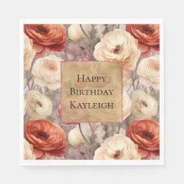 Cream Red Burgundy Blommigt Birthday Pappersservett