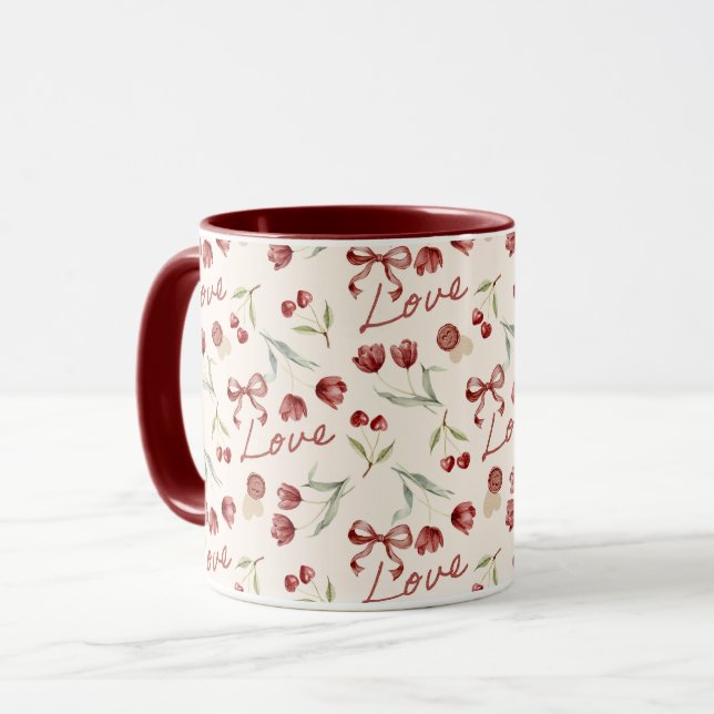 Cream Red Cherry Hearts Valentine's Day Love Bows Mugg (Framsida vänster)