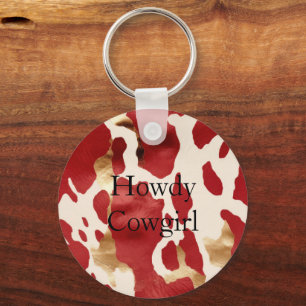 Cream Red Guld Western Cowhide Howdy Nyckelring