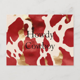 Cream Red Guld Western Cowhide Howdy Vykort