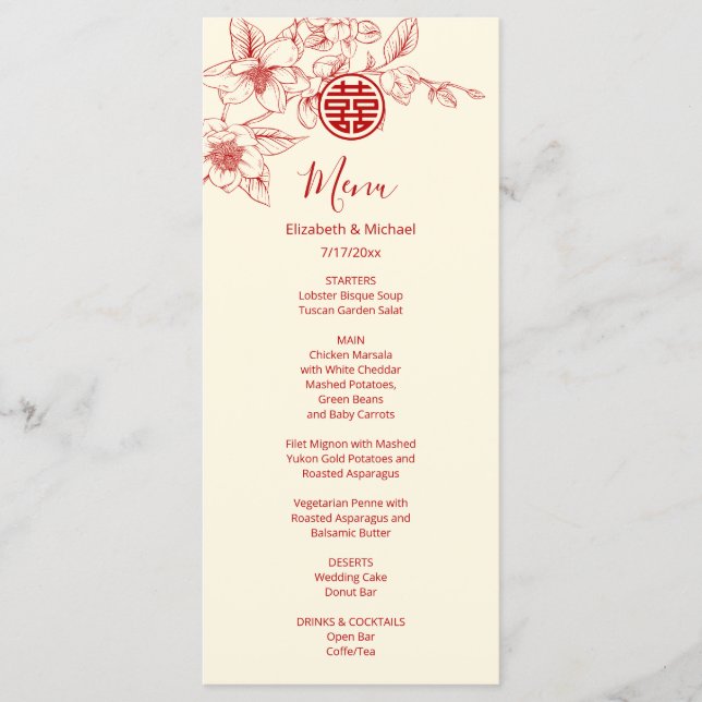 Cream Red Magnolia Chinese Wedding Menu Card Meny (Framsida)
