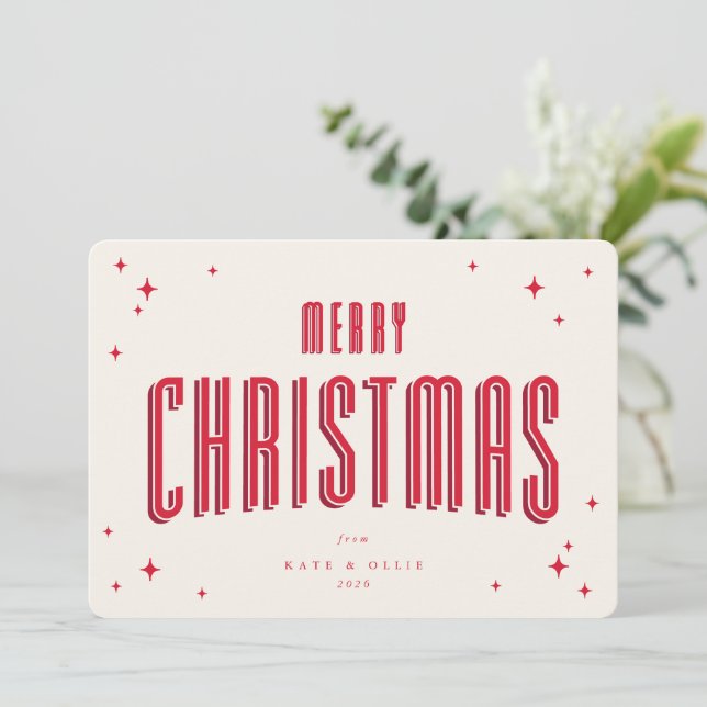 Cream+Red Merry Christmas Retro Stjärnor Flat Julkort (Stående Fram)