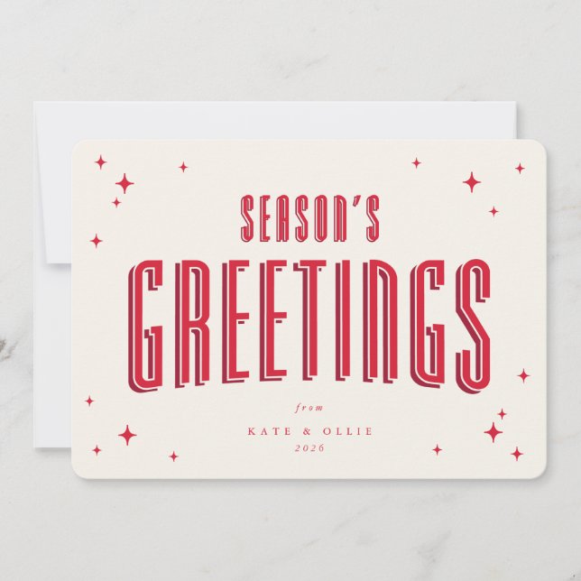 Cream+Red Season's Greetings Retro Stars Flat Julkort (Framsida)