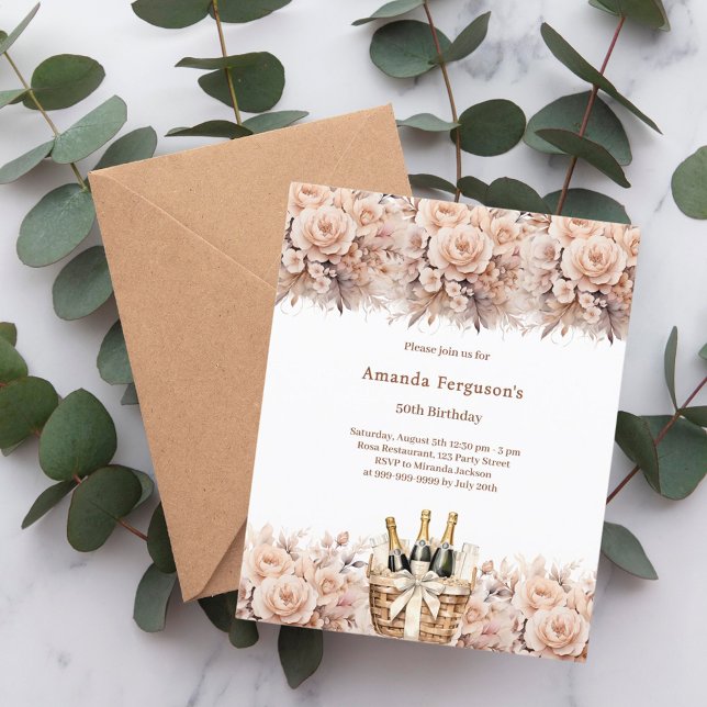 Cream ro blommigts boho-födelsedagsinbjudan (Skapare uppladdad)