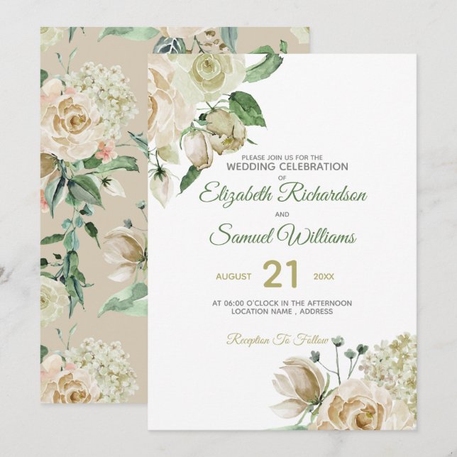 Cream Ro Bud Hydrangea Watercolor Classic Inbjudningar (Fram/baksida)