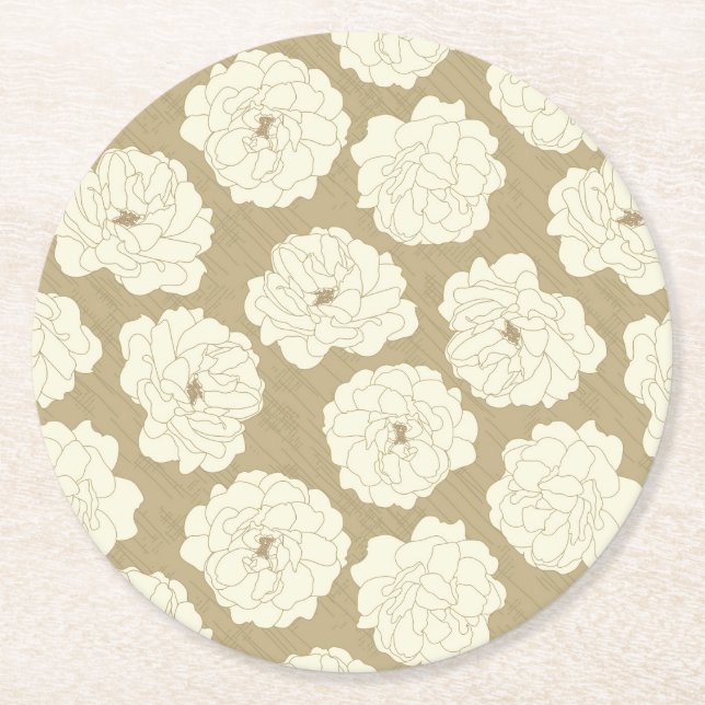 Cream Ro på Golden Beige - sömlöst mönster. Underlägg Papper Rund (Framsidan)