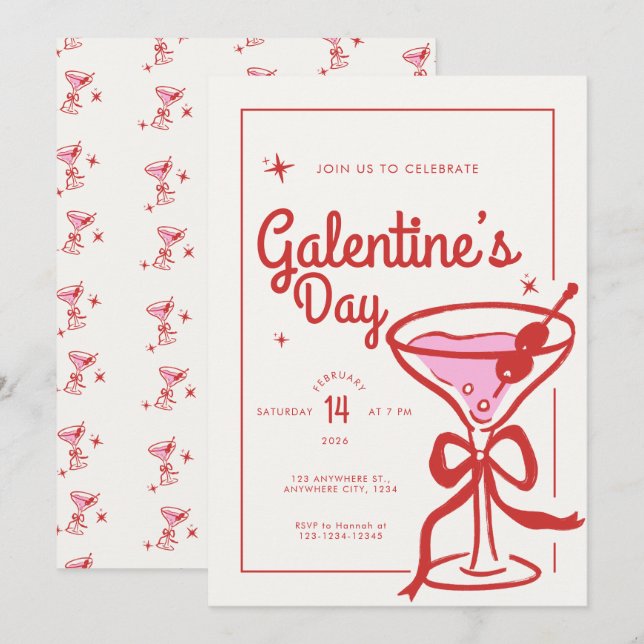 Cream Röd Bow Cocktail Galentine's Day Inbjudningar (Fram/baksida)