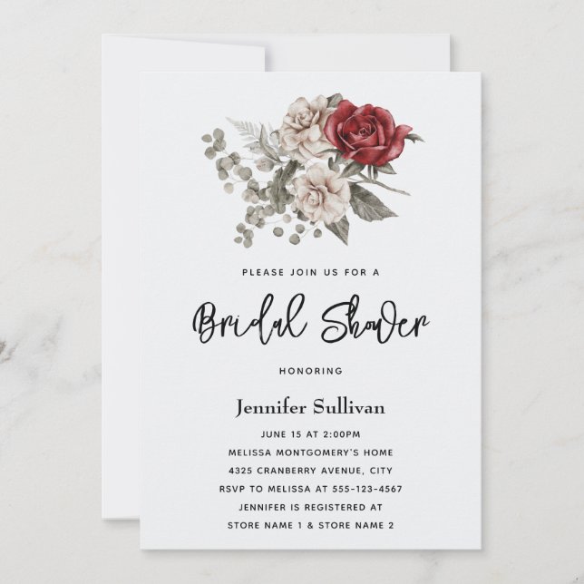 Cream & Röd ros Boho Blommigt Bouquet Möhippa Inbjudningar (Framsida)