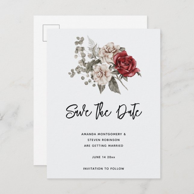 Cream & Röd ros Boho Flower Bouquet Inbjudan Vykort (Fram/baksida)