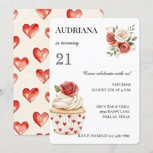 Cream Röd ros Cuptårta Hearts Blommigt Birthday Inbjudningar