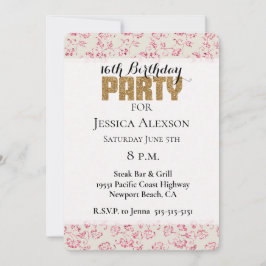 Cream Rosa Glitter Blommigt Guld Glitter Party Inbjudningar