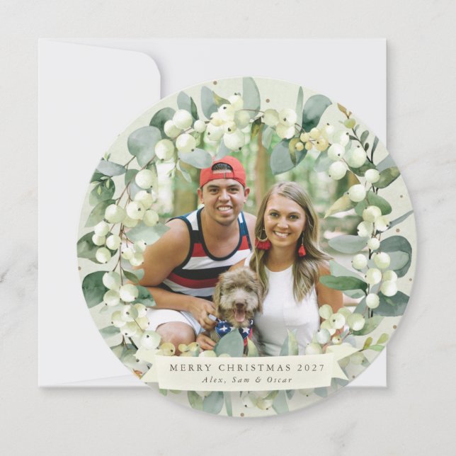 Cream Round Snowberry+Eucalyptus God andedräkt Julkort (Framsida)