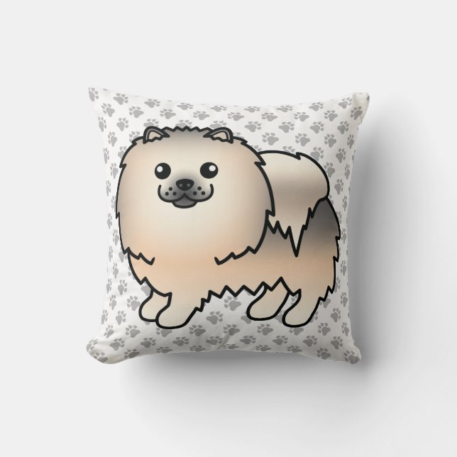 Cream Sable Pomeranian Söt Tecknad Hund & Tass Kudde (Framsida)