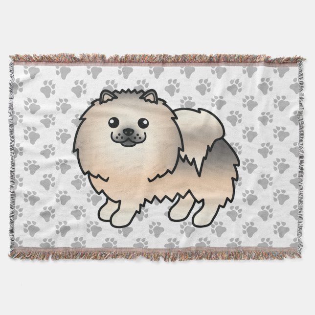 Cream Sable Pomeranian Söt Tecknad Hund & Tassar Filt (Framsidan)