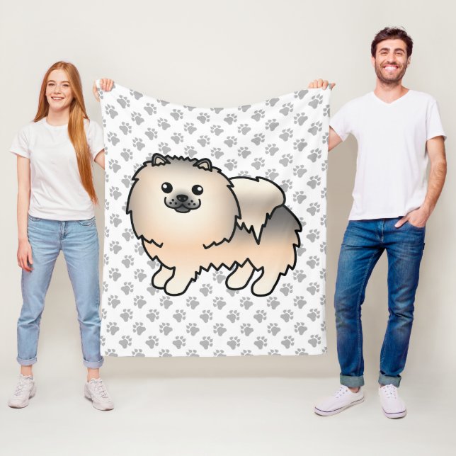 Cream Sable Pomeranian Söt Tecknad Hund & Tassar Fleecefilt (På plats)