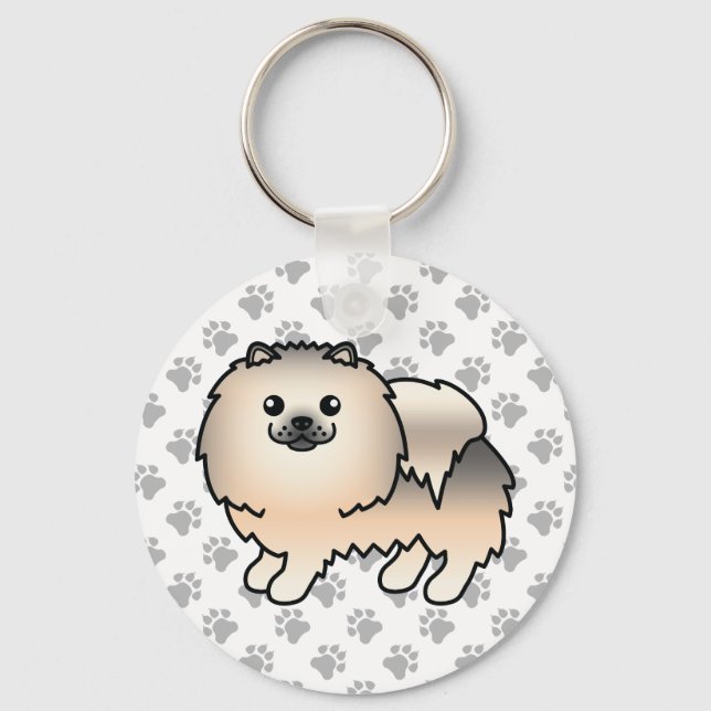 Cream Sable Pomeranian Söt Tecknad Hund & Tassar Nyckelring (Framsida)