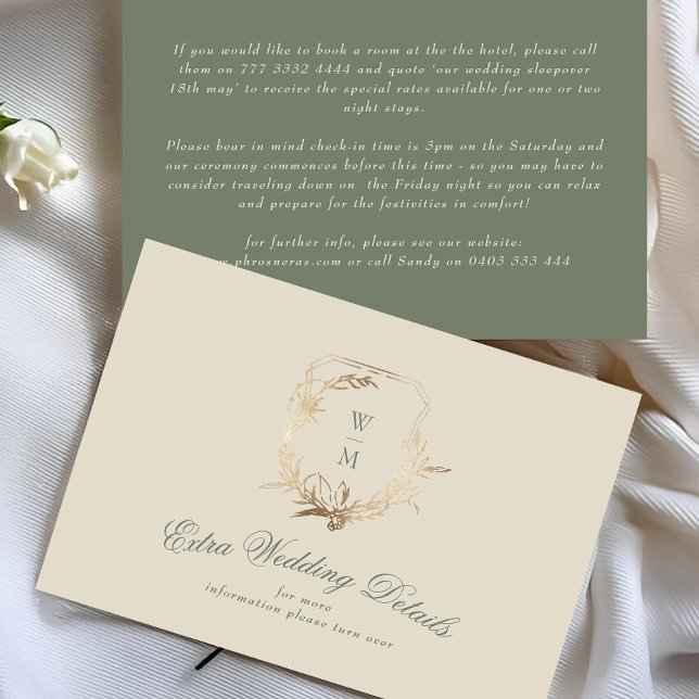 Cream & Sage Monogram Guld | Detaljer i Bröllop Tilläggskort (Skapare uppladdad)
