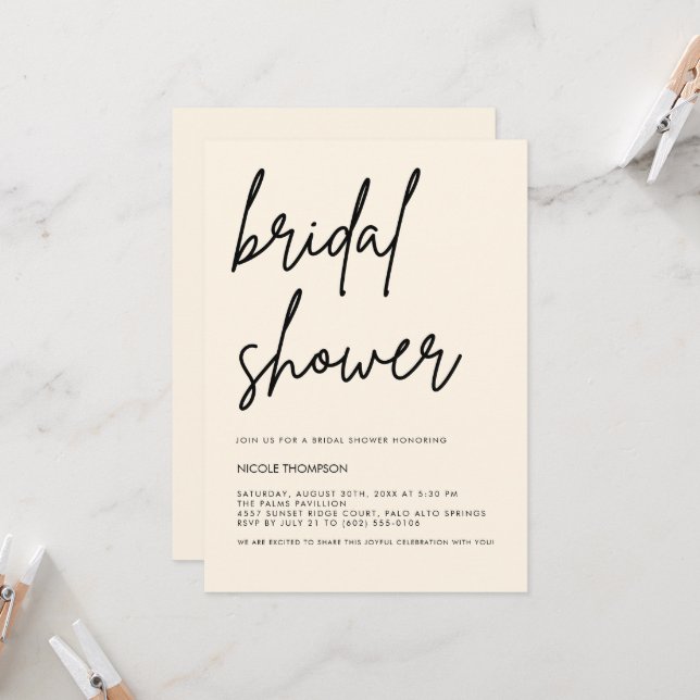 Cream Script Modern Bridal Shower Invitation  Inbjudningar (Fram/Back In Situ)