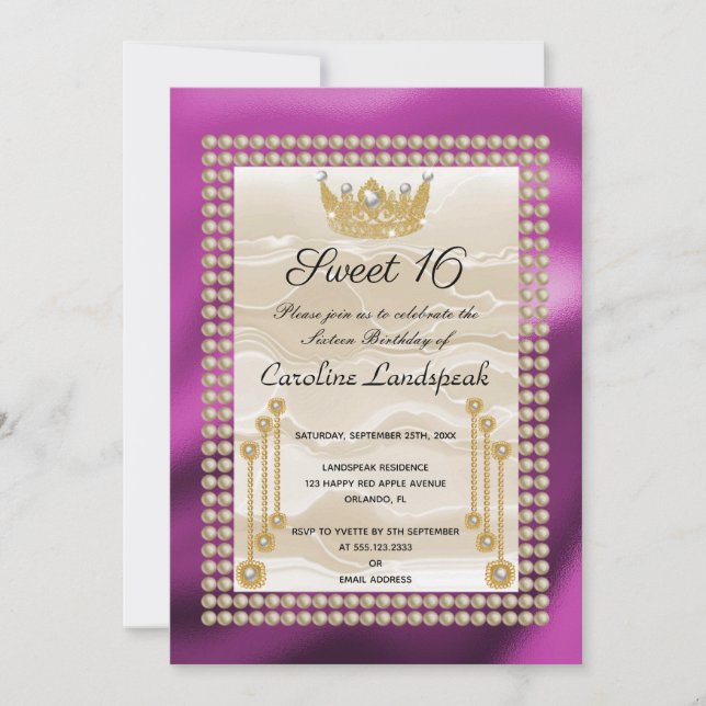 Cream Silke Sweet 16 Pearl Krona Fuchsia Metallic Inbjudningar (Framsida)