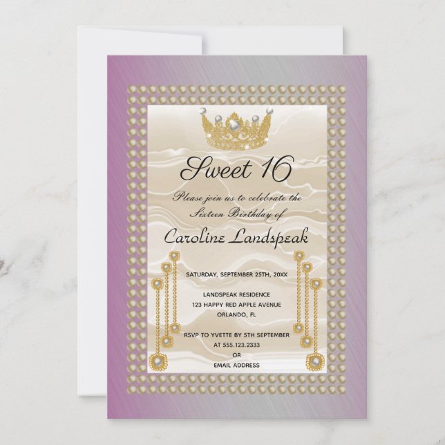 Cream Silke Sweet 16 Pearl Krona Fuchsia Metallic Inbjudningar (Framsida)