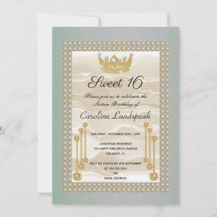 Cream Silke Sweet 16 Pearl Krona Grönt Metallic Inbjudningar