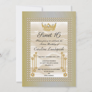 Cream Silke Sweet 16 Pearl Krona Gult Metallic Inbjudningar