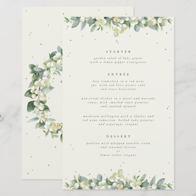 Cream Snowberry + Eucalyptus 3 Course Bröllop Menu (Fram/baksida)