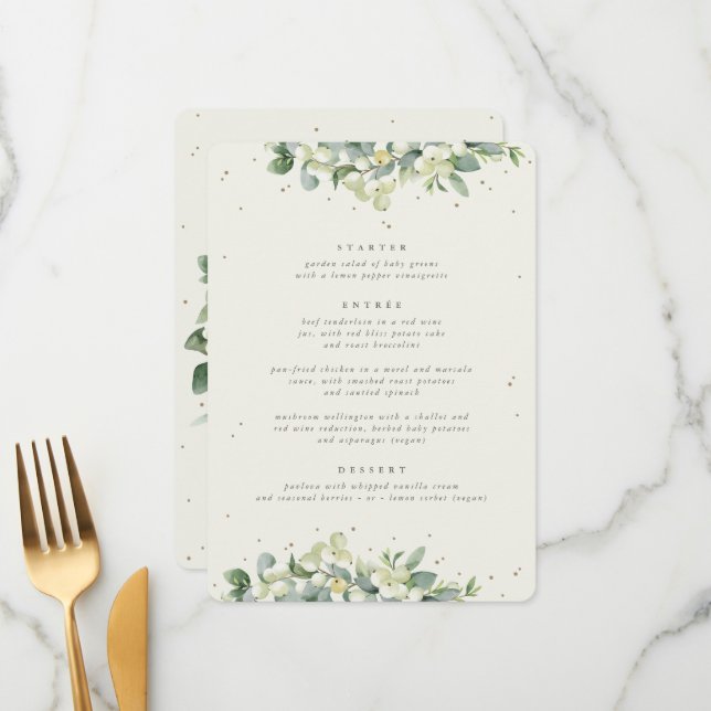 Cream Snowberry + Eucalyptus 3 Course Bröllop Meny (Fram/Back In Situ)