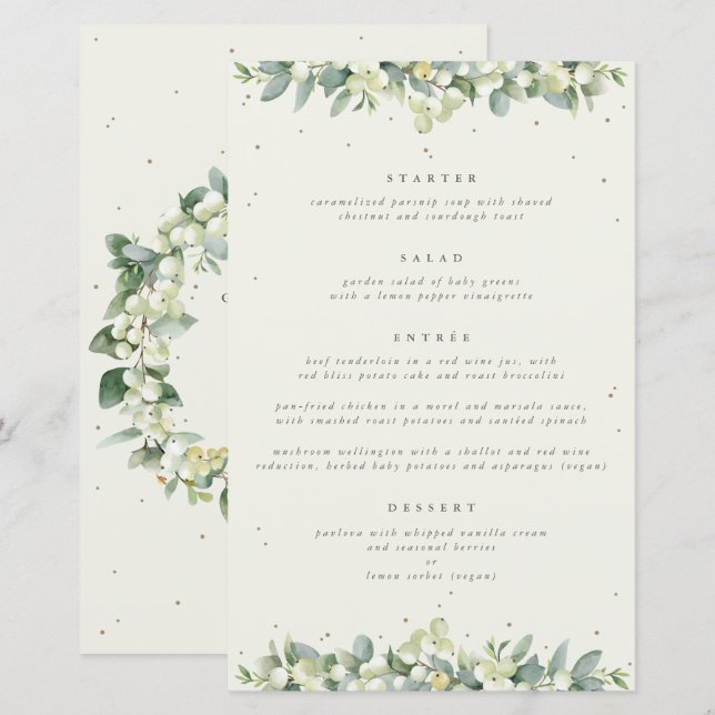 Cream Snowberry + Eucalyptus 4 Course Bröllop Menu (Fram/baksida)