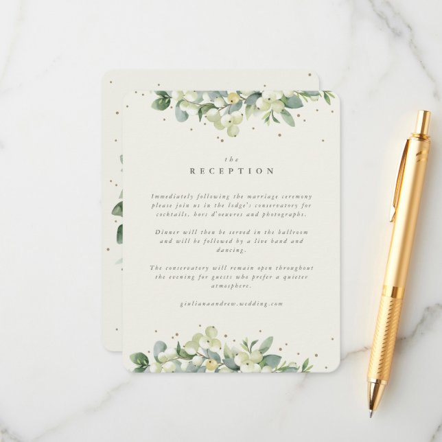 Cream Snowberry+Eucalyptus Edged Wedding Reception Tilläggskort (Fram/Back In Situ)