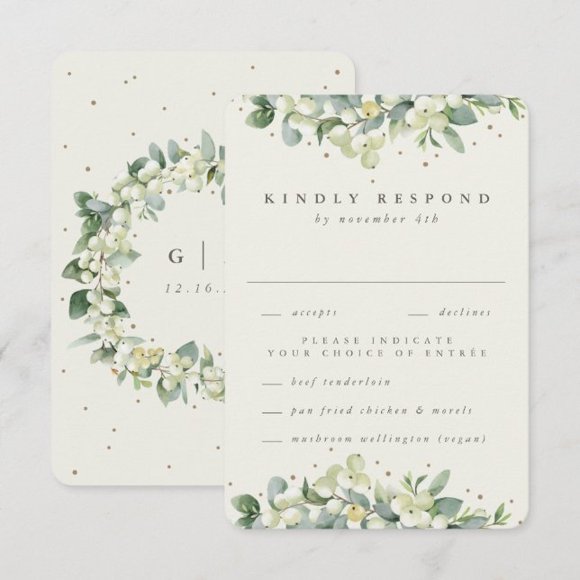 Cream Snowberry+Eucalyptus Edged Winter Wedding OSA Kort (Fram/baksida)