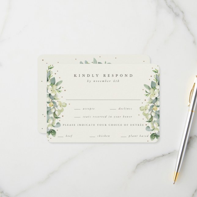 Cream Snowberry+Eucalyptus Edged Winter Wedding OSA Kort (Fram/Back In Situ)