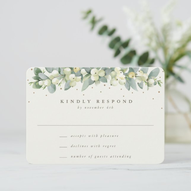 Cream Snowberry+Eucalyptus Garland Winter Wedding OSA Kort (Stående Fram)