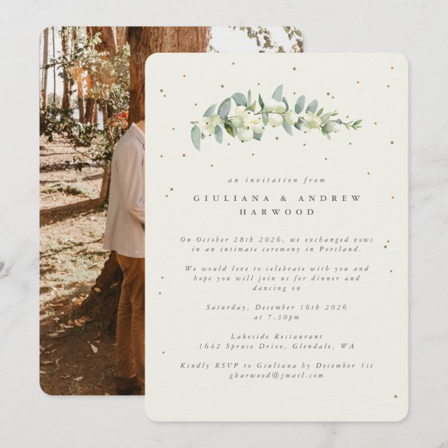 Cream Snowberry+Eucalyptus Wedcing Photo Inbjudningar (Fram/baksida)