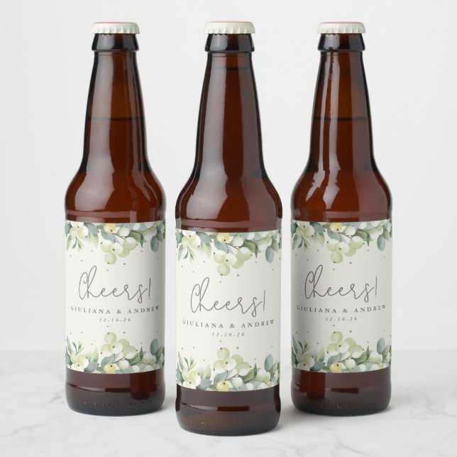 Cream Snowberry+Eucalyptus Winter Wedding Ölflaska Etikett (Flaskor)