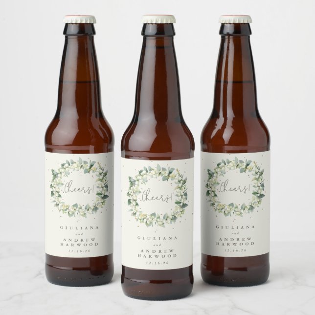 Cream Snowberry+Eucalyptus Winter Wedding Ölflaska Etikett (Flaskor)