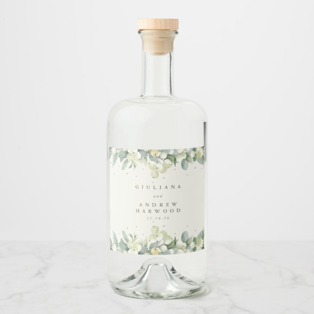 Cream Snowberry+Eucalyptus Winter Wedding Spritflaskor Etikett (Framsida)